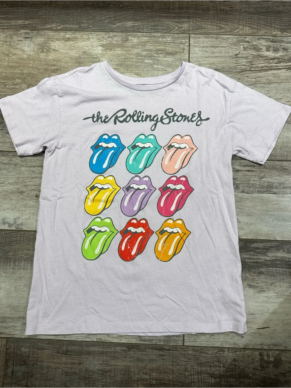 the Rolling Stones Lavender Kids Tee with Colorful Tongue Grid
